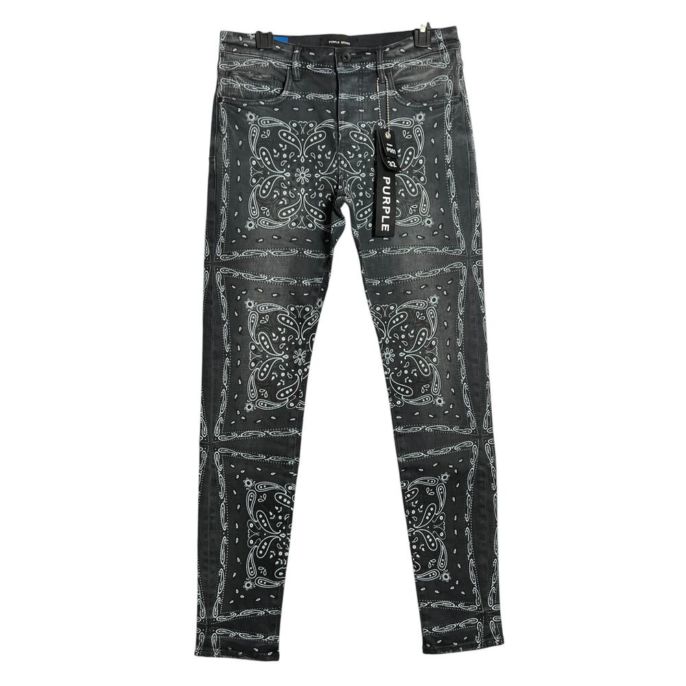 Purple P001 Vintage Warped Bandana Skinny Jeans 32 Black Low Rise Button Fly NWT